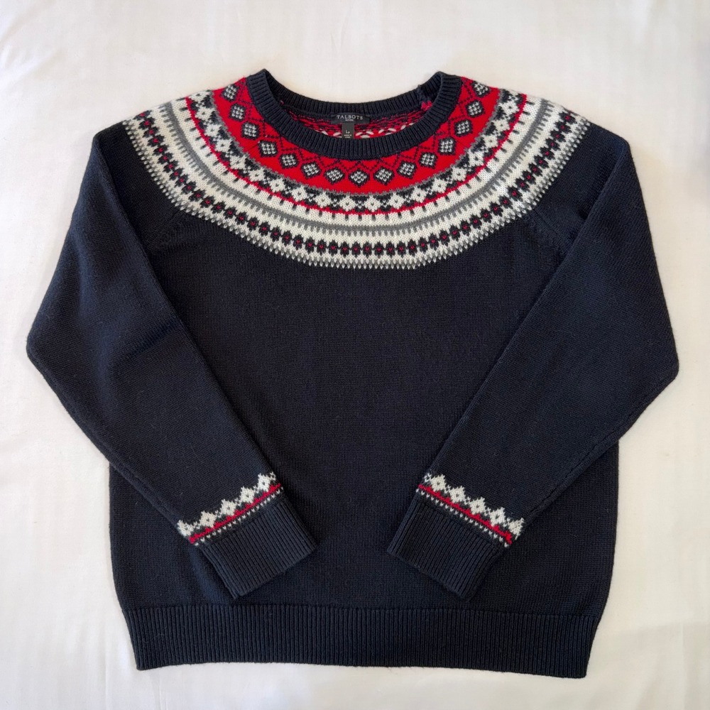 Talbots Fair Isle Lambswool Blend Sweater Black Red White Yoke Large Petite